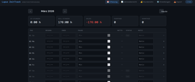 Lupus ZeitTrack ist ein kostenloses Browser-Tool für alle, die ihre Arbeitszeit selbst im Blick behalten wollen — ohne Stempeluhr, ohne App, ohne Datenweitergabe. Einfach öffnen und loslegen.