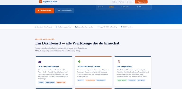 Neues Tool aus dem Systemlabor: Die Lupus NM Suite ist ein komplettes Network-Marketing-Dashboard — CRM, Downline-Verwaltung, DMO-Tracker, KI-Assistent und Provisions-Simulator